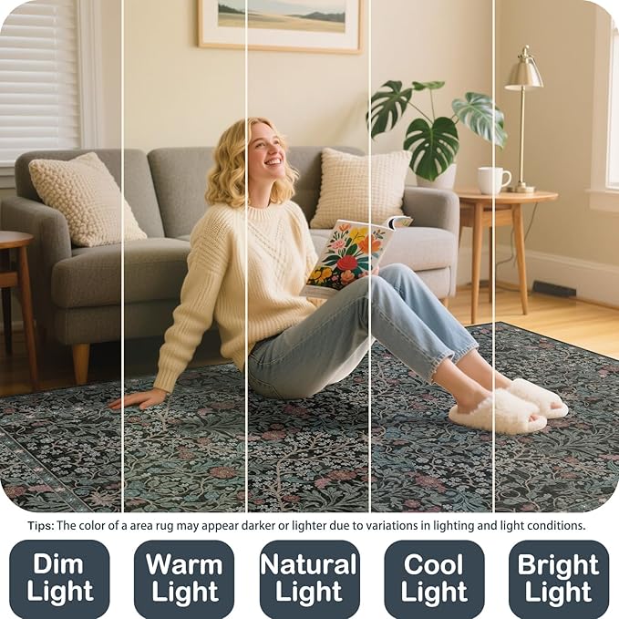 8x10 Washable Area Rugs for Living Room, Stain Resistant Vintage Rugs for Dining Room Under Kitchen Table, Bedroom, Floral Low Pile Non-Slip Large Carpet (8 x 10 Dark Green)