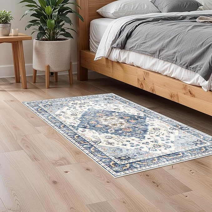 Enkor Area Soft Rugs 2x3 Washable Non Slip Boho Small Floor Entryway Rugs for Living Room Bedroom, Vintage Style Farmhouse Mat for Kitchen Blue & White