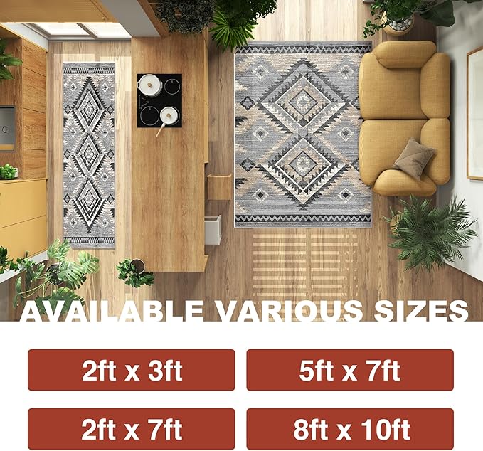 YHSF South West Native American Rug Ritz – Native Tribal American Indian Inspired Rug - Living Room, Bedroom, Hallway, Entryway & High-Traffic Area Rugs - Washable - Soft - Light Grey, 5 Feet x 7 Feet