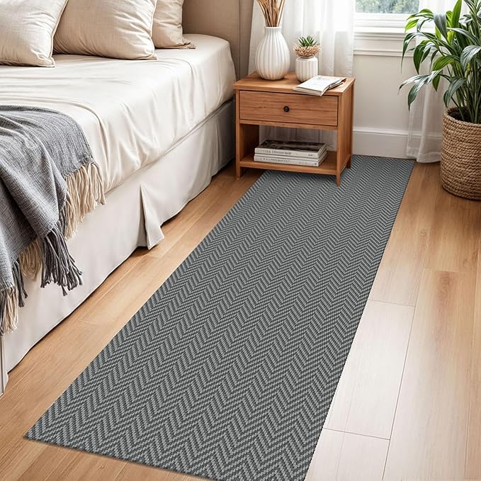2x6 Ft Braided Runner Rug Washable Runners for Hallways Kitchen Runner Rug with Rubber Backing Cotton Entryway Runner Indoor, Woven Floor Carpet for Hall Kitchen Bedroom, Charcoal Gray/Gray