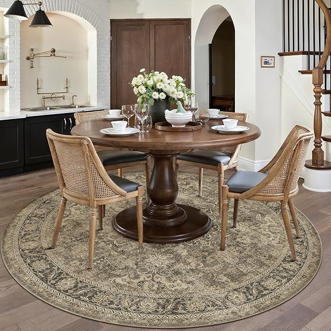 8x8 Washable Brown Round Rug Vintage Living Room Bedroom Circle Rug Non-Slip Soft Low Pile Distressed Indoor Carpet for Kitchen Dining Room Office