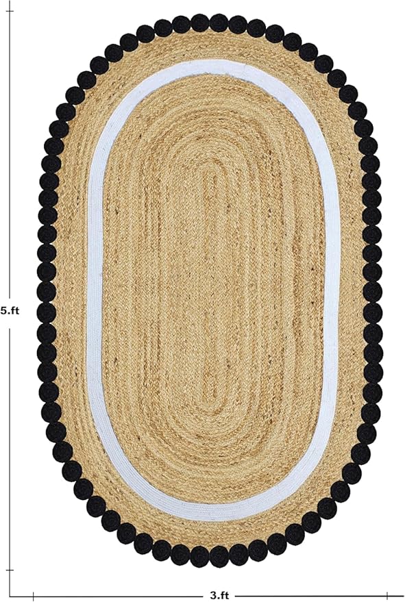 Oval Jute Runner 4x20 Flatweave Kilim Runner Hand Braided Jute Thick 0.27" Solid Pattern Black Beige Natural Oval Handmade Boho Indoor Outdoor Rugs for Hallway Enterway Stair Corridor
