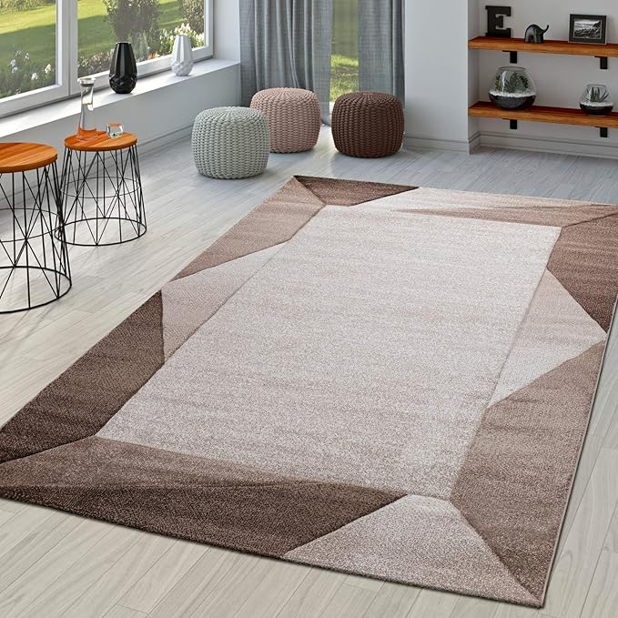 Paco Home Modern Area Rug Bordered with Geometric Pattern in Brown Beige with Contour Cut, Size: 2'8" x 9'10"