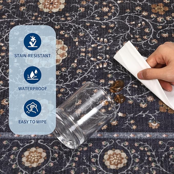 GarveeHome Boho 6x9 Area Rug for Living Room, Floral Vintage Rugs for Bedroom with Soft Low Pile, Non Slip Stain Resistant Botanical Washable Rug 6x9 for Dining Room Blue Carpet for Dorm Office