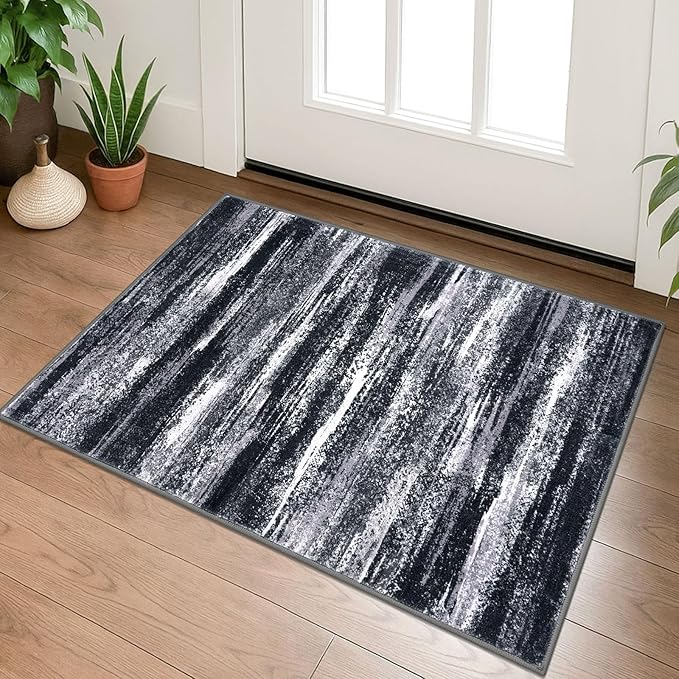 Modern Abstract Entryway Rug Indoor 2x3 Washable Rug Non-Slip Soft Small Area Rug Black Grey Kitchen Mats Thin Print Faux Wool Floor Carpet Throw Rugs for Entrance Bedroom