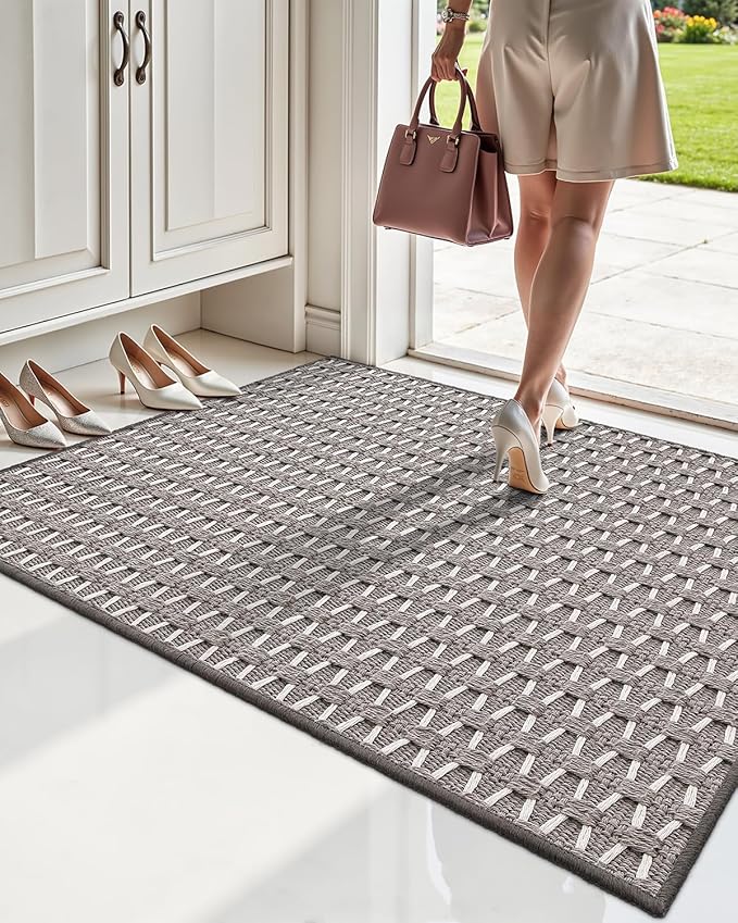 LUMI Handwoven Indoor Door Mat 24"x36", Non-Slip Low Profile Checkered Inside Doormat, Comfort Weave Grid Pattern Floor Mats, Taupe