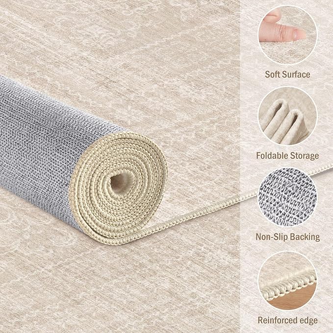 10x12 Area Rug Living Room: Washable Large Vintage Beige Rugs Neutral Non-Slip Soft Stain Resistant Indoor Carpet for Bedroom Nursery Dining Room Under Table Bed Home House Office Playroom