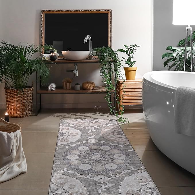 CAMILSON Runner Outdoor Rugs Oriental Retro Traditional Floral Medallion Area Rug 2x10 Non-Shedding Stain Resistant Indoor Carpet for Bathroom Hallway Kitchen Office (2 x 10 / Beige)