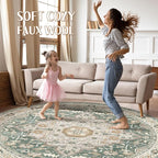 Round Rug Living Room Rugs: 5x5 Washable Boho Neutral Large Circle Soft Indoor Distressed Stain Resistant Floor Farmhouse Carpet for Bedroom Nursery Kids Playroom Office Dining Room Dorm- Green