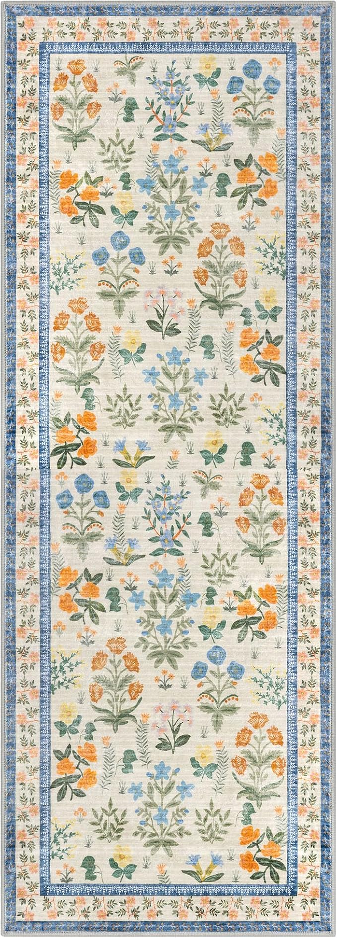 Boho Floral Machine Washable Runner Rug 2x6, Garden Yellow-Green Kitchen Runner Rug Non-Slip, Super Thin Hallway Rug Runner Printed Faux Wool Soft Carpet for Entryway Bedroom Laundry Indoor