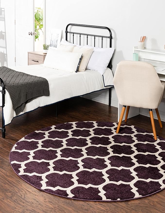 Rugs.com Lattice Collection Rug – 8 Ft Round Purple Medium-Pile Rug Perfect for Kitchens, Dining Rooms