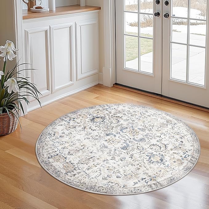 jinchan Kalen Round Rug 4ft Area Rug Entryway Washable Vintage Indoor Retro Floor Cover Distressed Floral 4' Round Circle Boho Non Slip Thin Carpet for Kitchen Bedroom Living Room Dining Room Blue