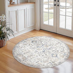 jinchan Kalen Round Rug 4ft Area Rug Entryway Washable Vintage Indoor Retro Floor Cover Distressed Floral 4' Round Circle Boho Non Slip Thin Carpet for Kitchen Bedroom Living Room Dining Room Blue