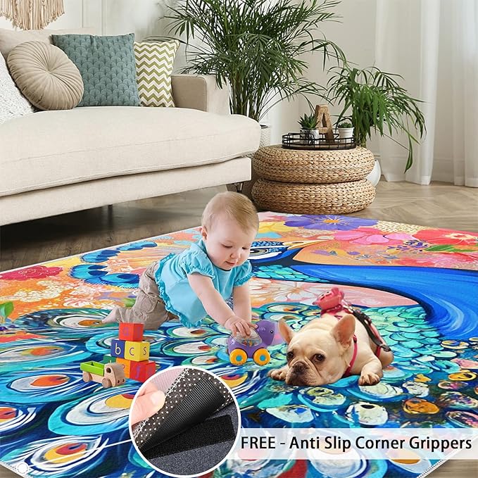Peacock Area Rug 3x5-3x5 Rug, Boho Floral Rugs for Living Room, Colorful Carpet, Oil Painting Art Washable Area Rugs for Bedroom, Aesthetics Carpet - Peafowl Home Decor & Gifts