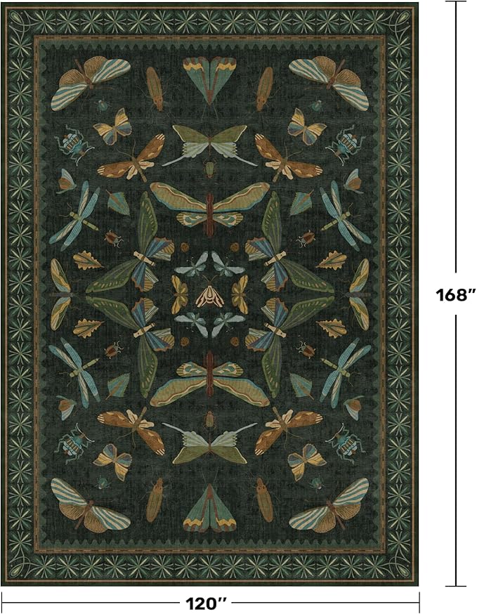 Green Living Room Rug - Vintage Washable Dark Green 10x14 Rug for Dining Room Under Table, Bedroom, Insect Moth Floral Design, Non-Slip Soft Low Pile