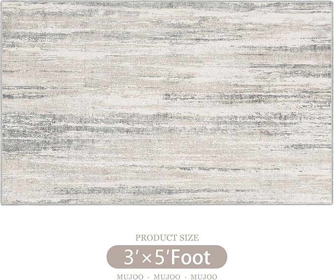MUJOO 3x5 Rug Washable,Entryway Rug Small Area Rugs for Bedroom Living Room Kitchen Bathroom,Modern Abstract Non Slip Carpet,Indoor Entry Mat,Low Pile Throw Rug Neutral Accent Beige and Grey