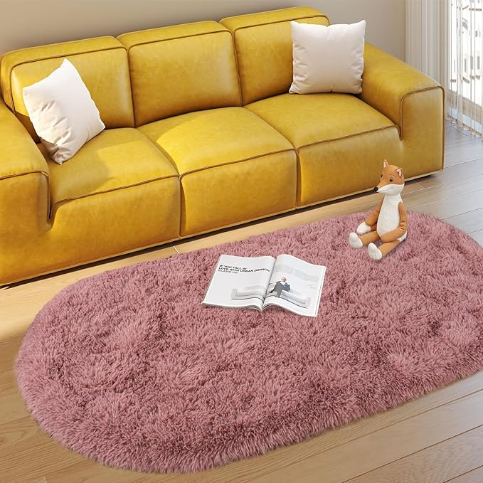 Soft Fluffy Area Rug for Bedroom, Blush Pink Fuzzy Shaggy Oval Throw Rugs for Bedside, Non-Slip Cozy Plush Shag Carpet for Girls Kids Room Nursery Dorm Living Room, 2.6 x 5.3 Feet