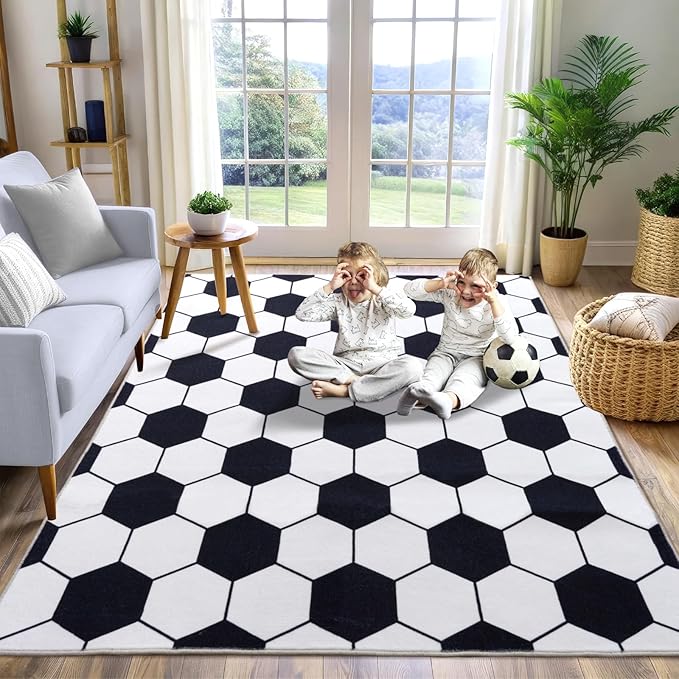 Soft Soccer Rugs for Bedroom, Machine Washable, Cute Bedside Boys Area Rug for Kids Toddlers Teens, Soccer Lovers Home Decor Indoor Carpet for Living Room, Dorms, Nursery, 5x7 FT