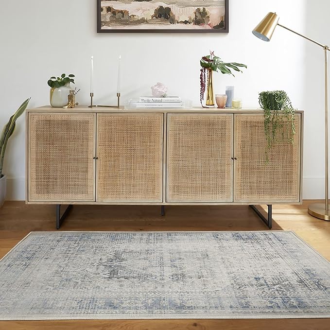 RUGGABLE Washable Vintage Area Rug – Kamran Blue Quartz 3x5, Stain-Resistant, Non-Slip – Small Machine Washable Rugs for Living Room, Bedroom, Hallway, Entryway & Office–with Standard Pad