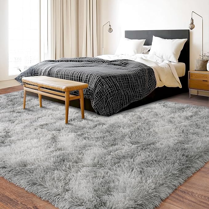 Ultra Soft Fluffy Rugs for Bedroom, Anti-Skid Indoor Carpet Nursery Rugs for Kids Room Home Decor, Rectangular Fuzzy Rug Tie-Dyed Light Grey 5x7 Feet
