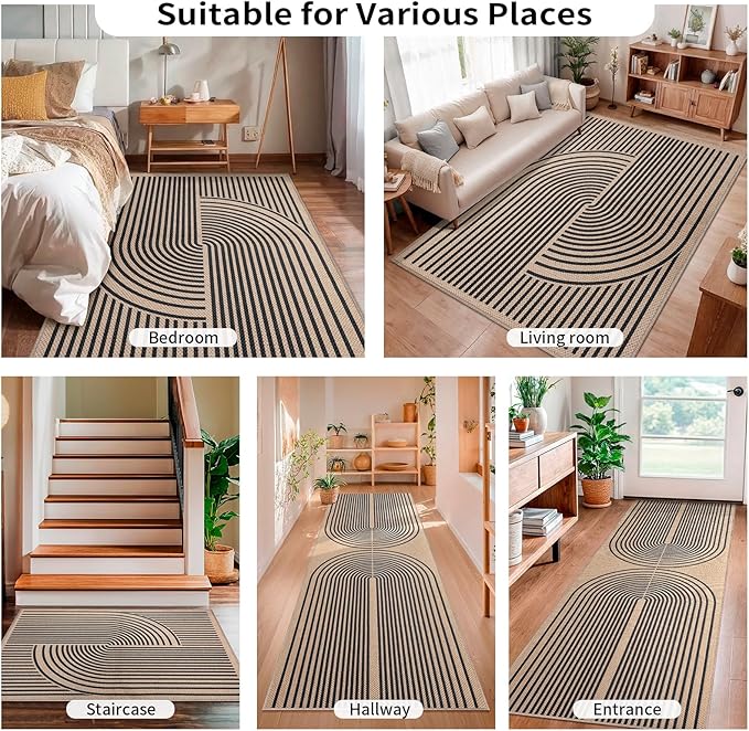 Tangsoo Rainbow Easy Jute Rug,2x3 Washable Small Area Outdoor Rug for Entryway Non-Slip Thin Black Throw Mat Modern Farmhouse Indoor Carpet for Entrance Kitchen Entry Front Porch