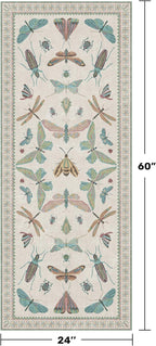 Washable Non Slip Bathroom Runner Rug 2x5, Insect Boho Bath Mat, Stain Resistant Low Pile Butterfly Insect Print Rugs for Laundry Room, Powder Room, Beige Green