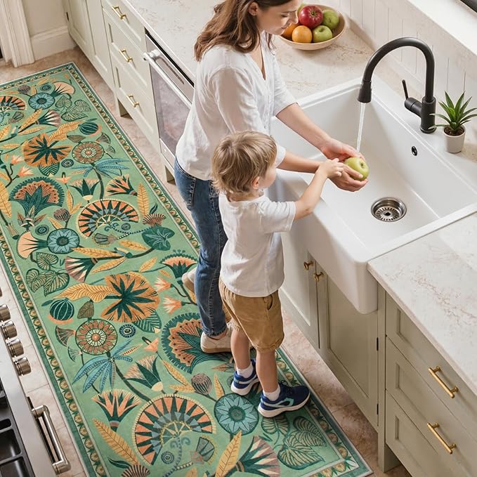 Floral Kitchen Rugs, 2.5X8 Green Runner Rug for Hallway, Non Slip Rugs for Entryway, Washable Carpet Runner with Rubber Backing, Vintage Rug for Bathroom Bedroom Indoor