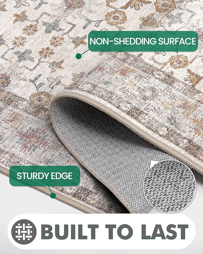 LUMI Runner Rug 3x10, Washable Non-Slip Hallway Throw Rugs, Long Soft Thin Vintage Oriental Kitchen Mats, Low-Pile Indoor Kitchen Entryway Area Rug, Beige