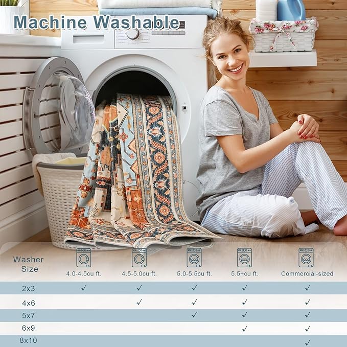 4x6 Orange Beige Area Rug for Living Room, Machine Washable Rugs with Non-Slip Backing for Bedroom, Vintage Medallion Carpet Kitchen Laundry Kids Room Decor