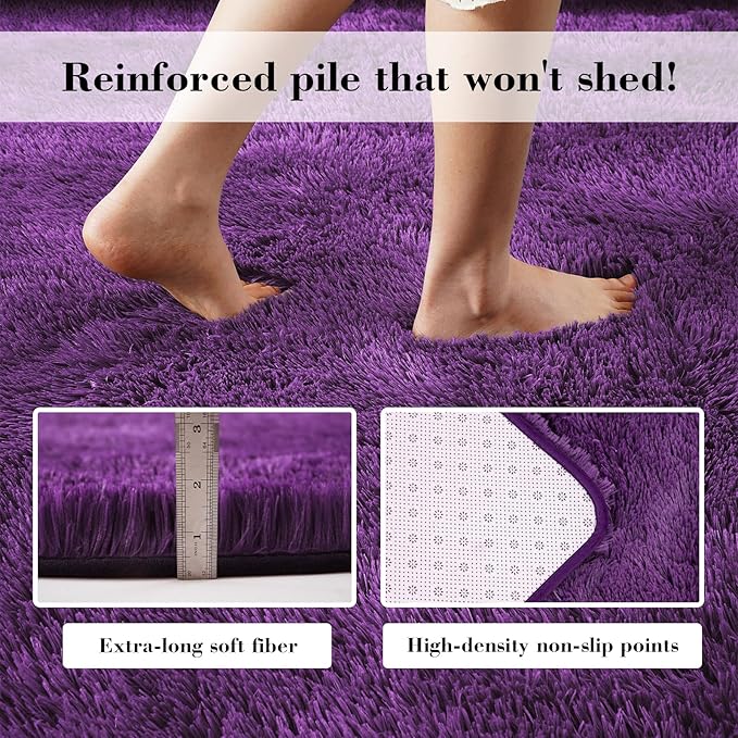 Purple Fluffy Rug Shaggy Area Rug, 5x8 Area Rugs for Girls Bedroom, Soft Cute Baby Play Mat, Indoor Floor Carpet for Teen, Nursery, Preppy Dorm, Plush Aesthetic Bedside Rug