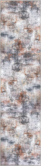 Modern Abstract Hallway Runner Rug, Grey Orange Multi 2x8 Runner Rug, Washable Kitchen Runner Non-Slip Soft Thin Print Faux Wool Carpet for Entryway Bedroom Laundry Room Indoor