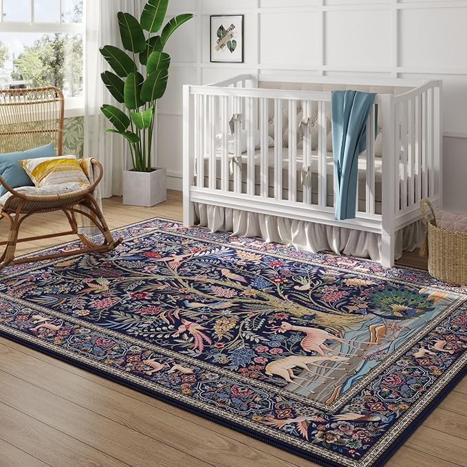 Rugcomf 8x10 Area Rugs Vibrant Tree of Life-Patterned Vintage Washable Area Rug Non Slip Low Pile Large Rug for Bedroom Farmhouse Dining Room Kids Playroom, Blue