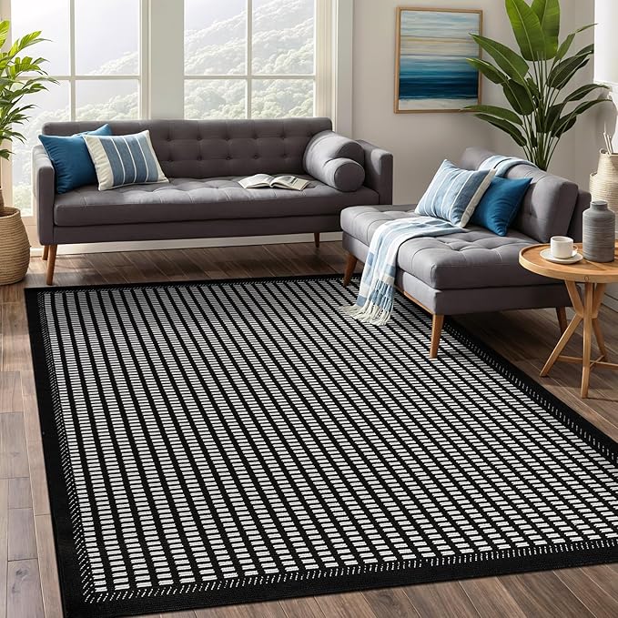 Beverly Rug Micro Loop Area Rug Black/White 6x9 Geometric Modern Luxury Zebra Durable Soft Indoor Rugs for Living Dining Room Office Stain Resistant Non Shedding Casual Indoor Carpet 6 x 9