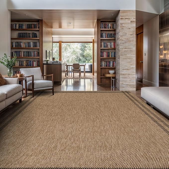 Easy Jute Rugs 10x14 Bordered Natural Color Living Room Indoor Outdoor Area Rug for Patio and Kitchen Rug High Traffic Washable Easy to Clean Solid Boho Woven Design Outside Carpet (10 x 14)