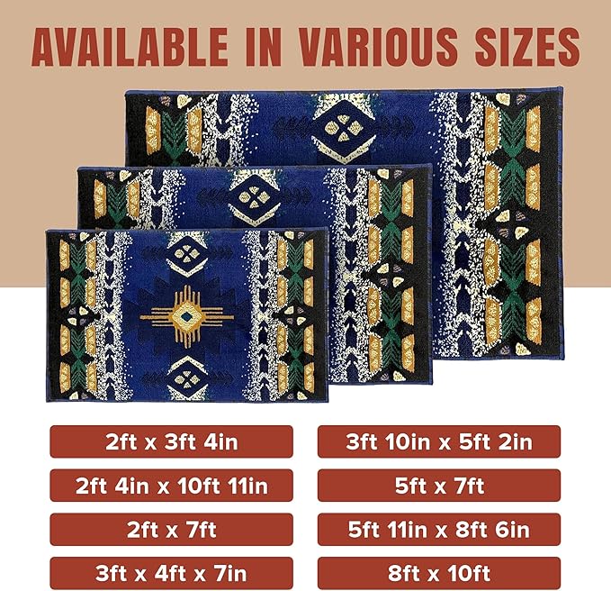 YHSF South West Native American Area Rug C318 - Easy Clean, Thick, Soft, Durable Native Tribal American Indian Inspired Rug for Bedroom/Living Room and More - Navy Blue, 3 Feet x 4 Feet 7 Inches