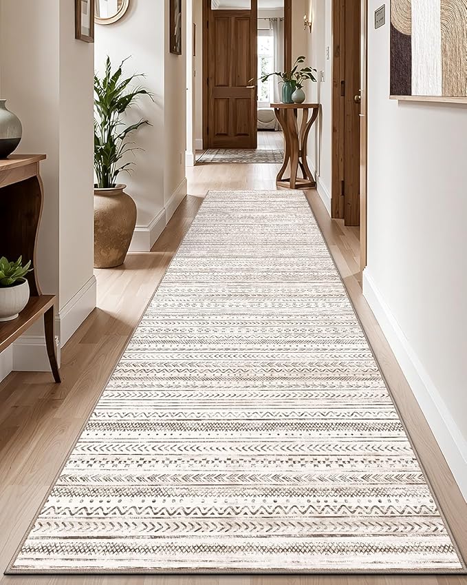 LUMI Washable Runner Rug, 3'x7' Non-Slip Hallway Mat, Low Profile Thin Long Carpeet for Laundry Kitchen Bedroom Office, White and Brown