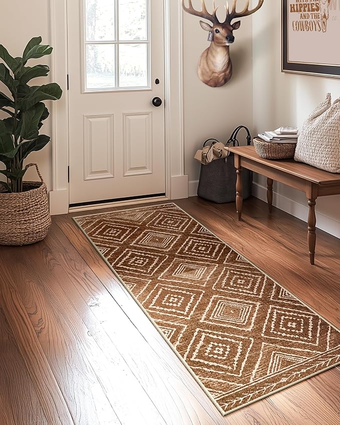 Area Rug 2x10 Rug Machine Washable Non-Slip Low Pile Print Pattern Western Rug for Living Room Bedroom Entryway Tribal Series -Yellowbrown/Cream