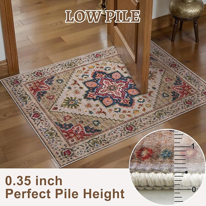 Tangsoo 5x7 Area Rug Washable Rugs for Living Room, Vintage Indoor Non Slip Large Area Rugs, Print Carpet, Soft Low Pile Rug Foldable Floor Rug for Bedroom Dining Room Dorm Beige/Red
