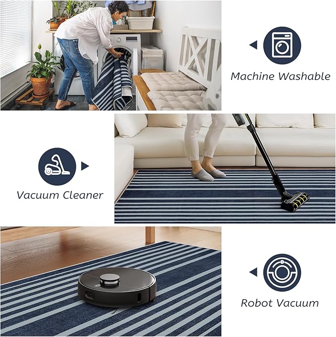 Beeiva Striped 2X6 Runner Rug for Bathroom, Washable Runners for Hallways Entryway, Blue Runner Rugs with Non Slip Rubber Backing, Soft Low Pile Floor Carpet for Indoor Kitchen Porch Bedroom