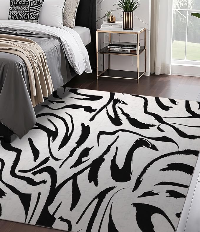 YIHOUSE Modern Area Rugs for Bedroom,5x7 Washable Black and White Rug, Thin Abstract Geometric Minimalist Striped Rug, Black Rugs for Bedroom,Kitchen,Dining Room Office