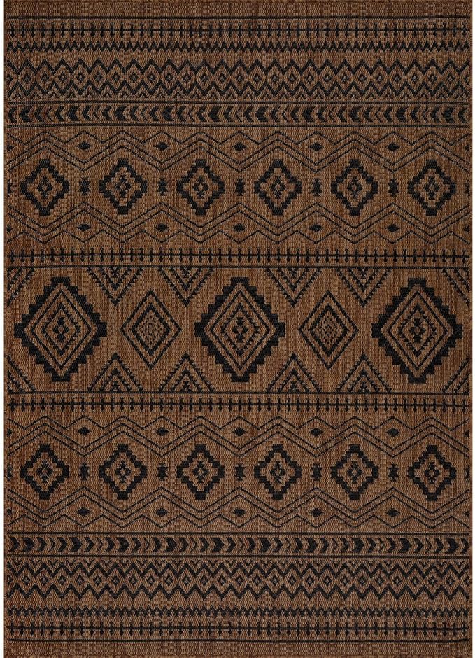 Beverly Rug Waikiki Boho Indoor Outdoor Rug 9x12, Washable Outside Carpet for Patio, Deck, Porch, Bohemian Area Rug, Farmhouse Rugs, Aztec Tribal Rug, Nut Brown and Black