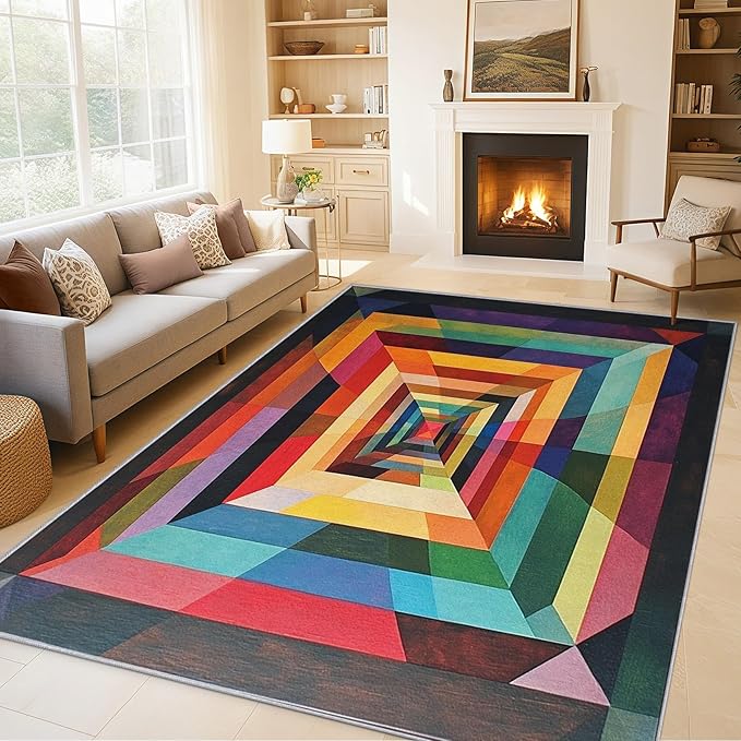 3x4 Colorful Geometry Rugs for Bedroom Decor, Washable Abstract Geometric Pattern Area Rug, Living Room Home Decoration, Non Slip Soft Thin, Abstract Art Decor Carpet PF-P 49