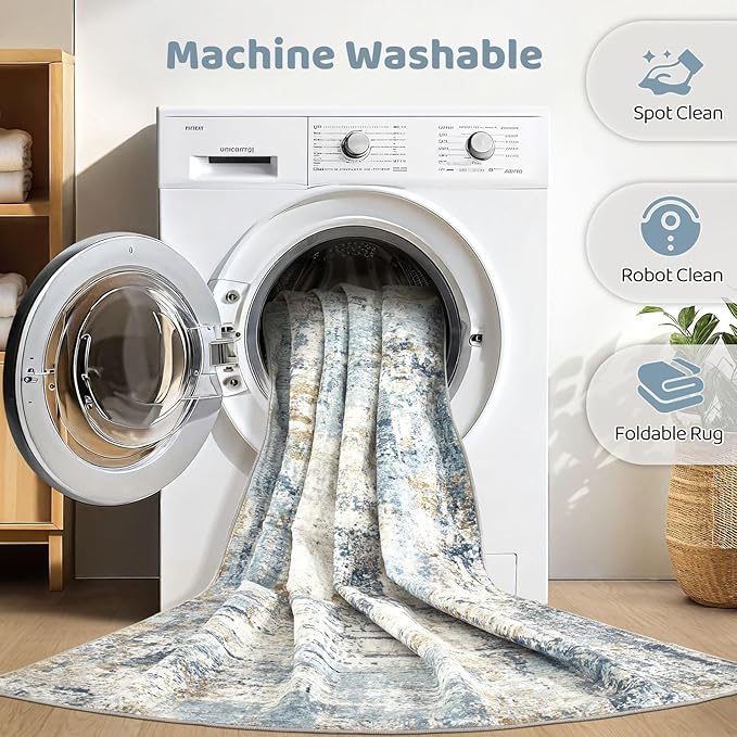 Runner Rug Non Slip Rugs: 3x8 Hallway Kitchen Washable Abstract Soft Modern Stain Resistant Indoor Floor Neutral Accent Throw Carpet for Bathroom Laundry Room Entryway Bedroom- Blue