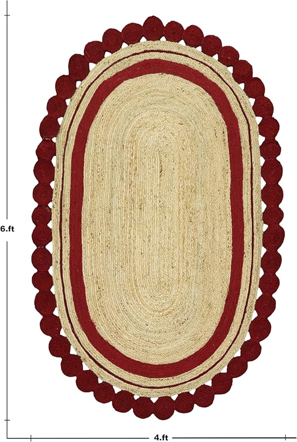 2.6x10 Oval Jute Runner – Natural Hand Braided Jute, Handmade Boho Rug, 0.27" Thick Flatweave, Solid Red Beige Oval Runner for Kitchen, Hallway, Entryway