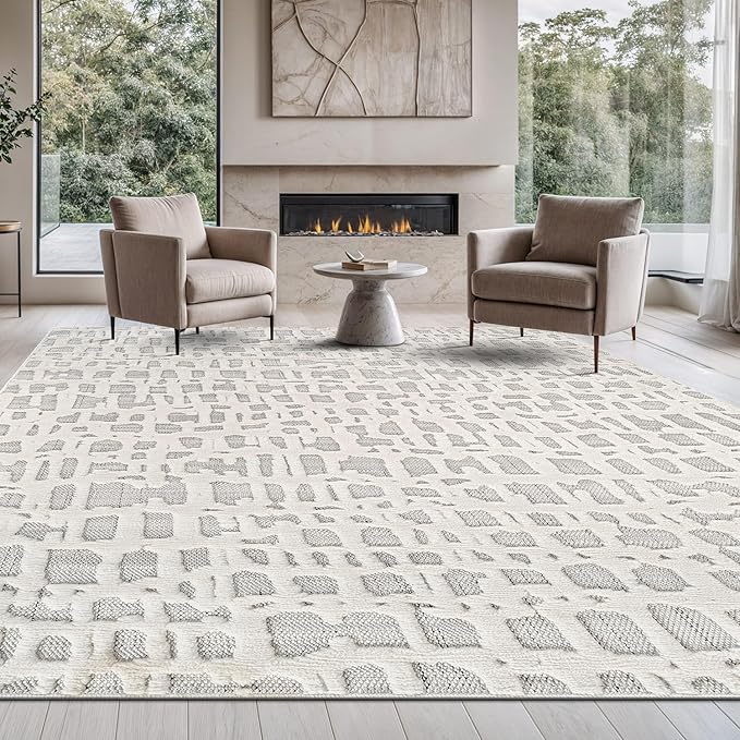 Beverly Rug Micro Loop Area Rug Gray/White 8x10 Abstract Modern Luxury Irregular Grid Durable Soft Indoor Rugs for Living Dining Room Office Stain Resistant Non Shedding Casual Indoor Carpet 8 x 10