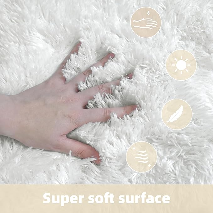 6x9 Solid Fluffy White Area Rug – Washable, Durable, Large Bedroom Rug, Non-Slip High Pile Shag Rugs for Living Room, Sofa Coffee Table, Nursery Rooms, Kids Room, Soft Indoor Floor Carpet