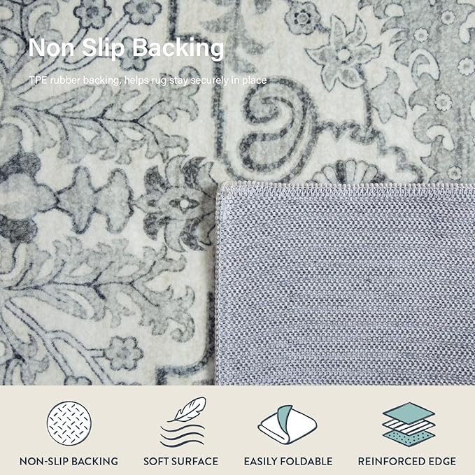 Lahome Washable Runner Rugs with Rubber Backing, 2x7 Hallway Runner Rug Soft Kitchen Carpet Runner, Bohemian Non-Slip Low Pile Printed Throw Rug Runners for Bathroom Bedside RV, Beige