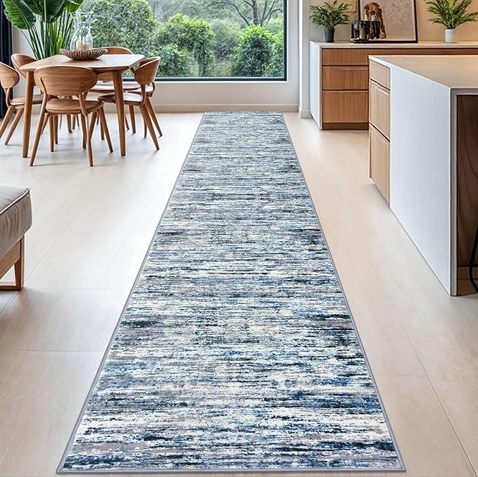 Modern Abstract Runner Rug 2.6x16, Grey Blue White Washable Long Kitchen Runner Non-Slip Soft Hallway Rug Runner Thin Print Faux Wool Carpet for Entryway Bedroom Laundry Room Indoor Home Decor