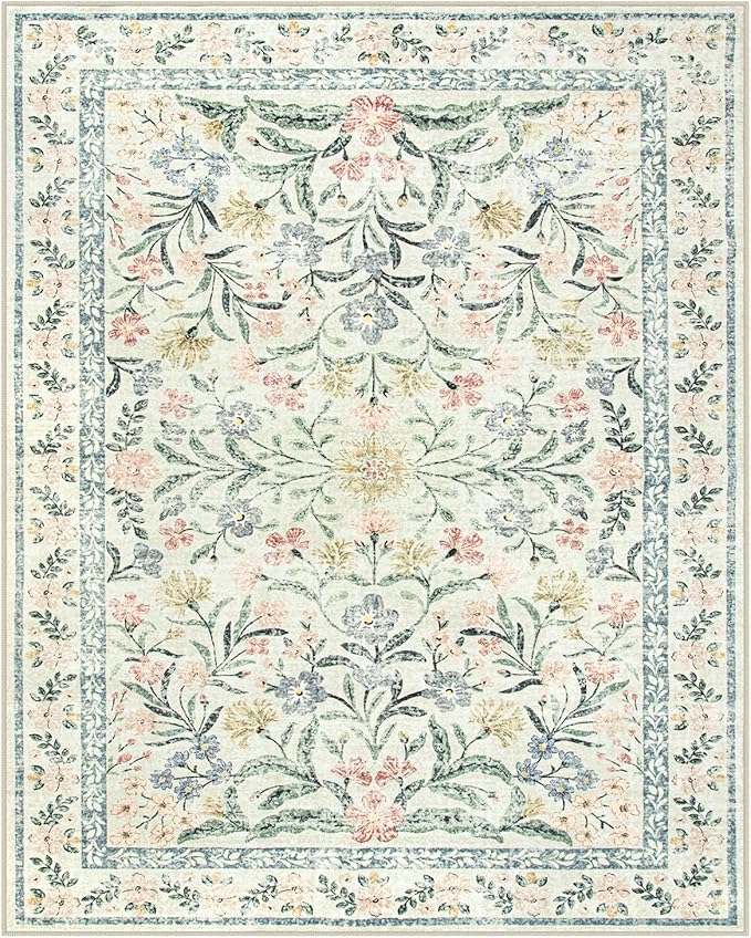 Lahome Boho Rugs for Living Room, Washable Large 8 x 10 Area Rugs for Bedroom Non Slip, Soft Ultra-Thin Distressed Floral Throw Carpet for Office Dining Room, Cream/Multi