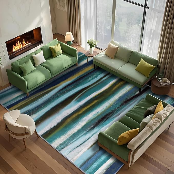 Abstract 9x12 Area Rug, Modern Stripe Teal Rugs for Living Room, Washable Soft Large Non-Slip Floor Carpet for Dining Room Office Bedroom Farmhouse Decor - Teal/Multi
